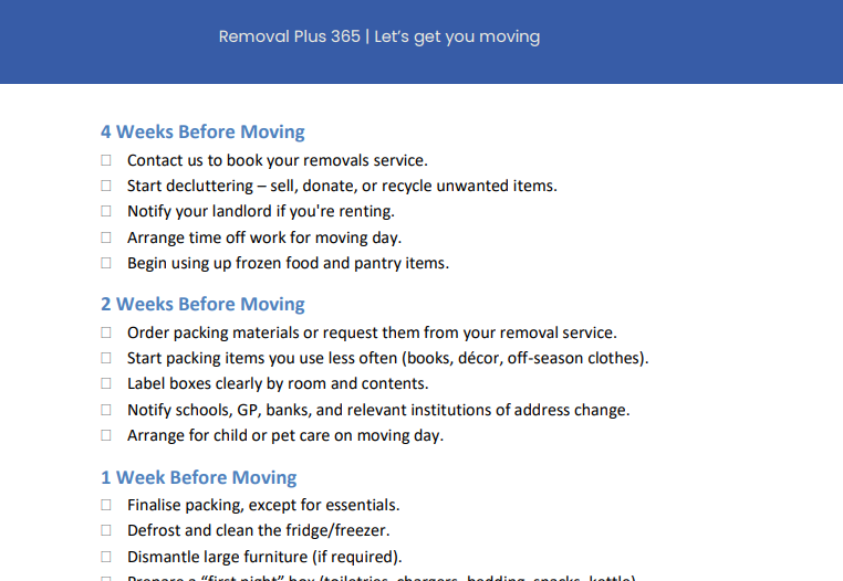 snapshot view of moving checklist UK